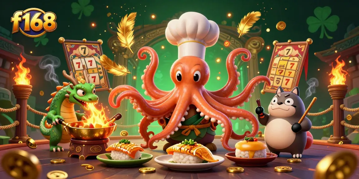 Engage with f168 as the sushi chef octopus prepares dishes in a vibrant casino ambiance.