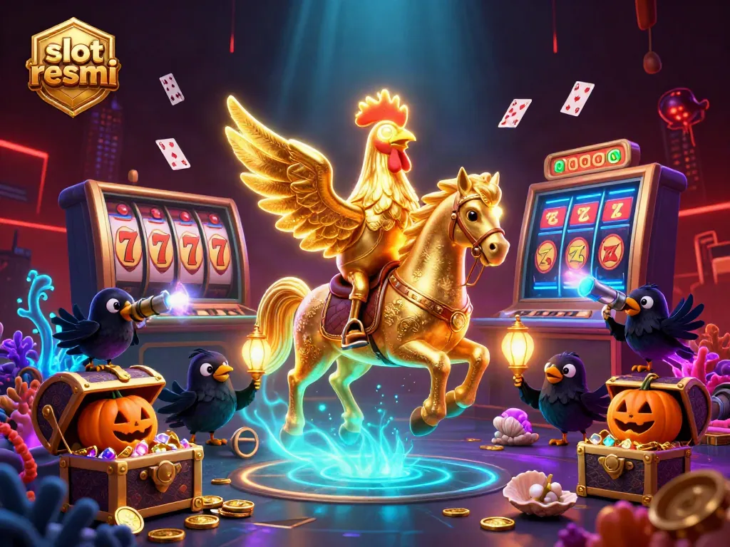 Engage in dynamic slot resmi experiences with a golden rooster character in a vibrant casino.