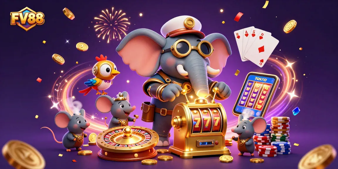 Experience thrilling moments at FV88 with a dynamic steampunk casino scene filled with games and excitement.