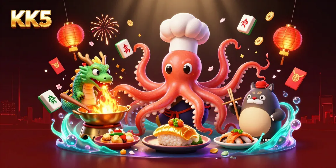 Participate in the vibrant KK5 casino experience filled with excitement, featuring a sushi octopus chef and a dragon!