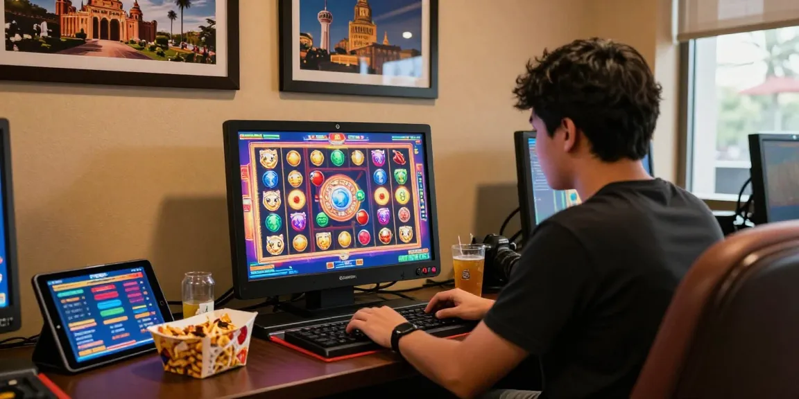 Player enjoying slot gacor hari ini in a cozy online gaming setup with snacks and vibrant visuals.