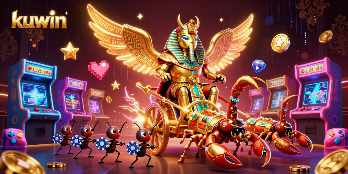 Kuwin's thrilling gaming scene featuring a majestic golden scarab beetle, a dynamic chariot, and poker chips that promise exciting wins.