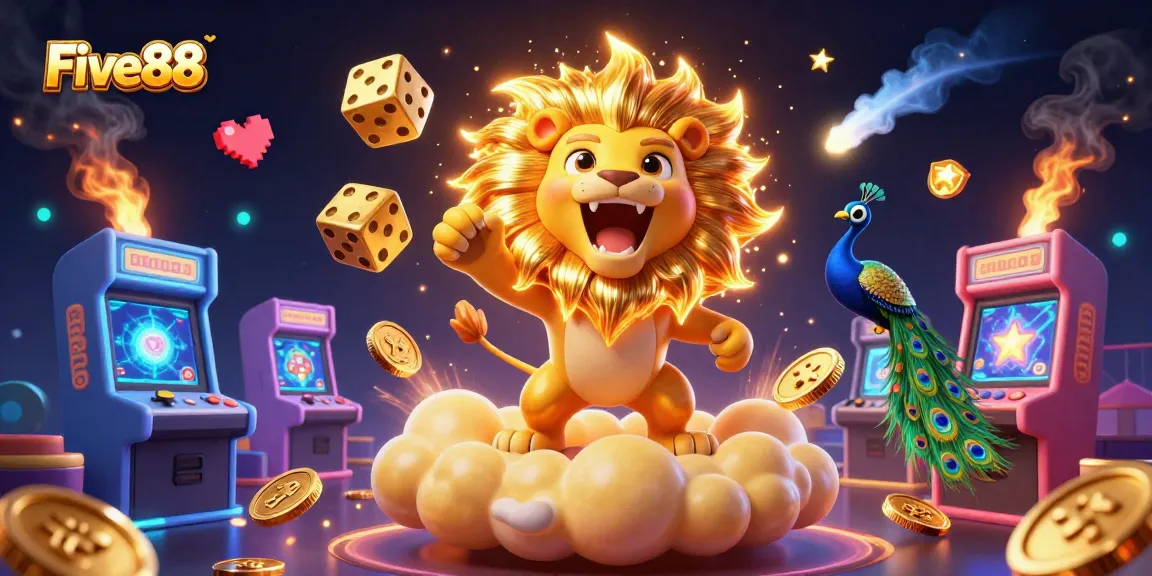 Play thrilling games and win at Five88 with vibrant casino-themed 3D illustration showcasing excitement.