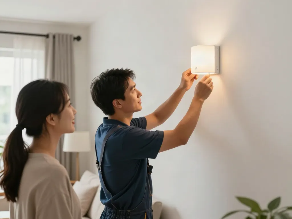 Aplica LED cu senzor instalată de un profesionist în serviciile locale de iluminat.