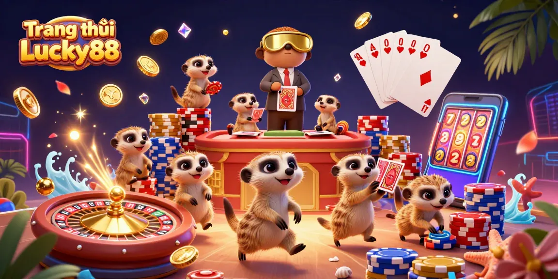 Experience thrilling gameplay at Trang chủ Lucky88 with meerkats running a vibrant casino, showcasing a dynamic 3D illustration.
