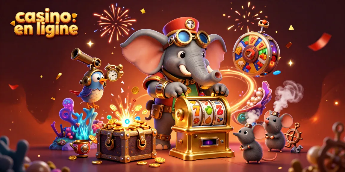 Cette illustration montre un ingénieur éléphant steampunk devant un casino en ligne rempli de joyaux et de trésors.