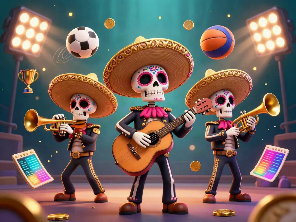 Engage with cà khịa tv's dynamic scene featuring a lively mariachi band amidst flying sports elements.