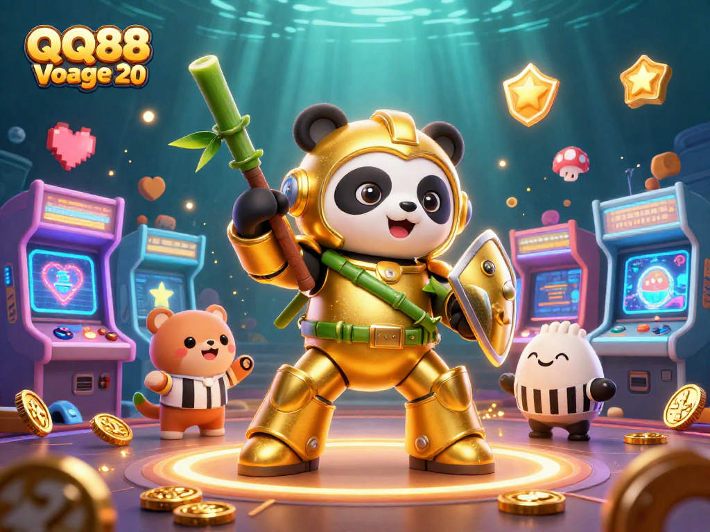 Engage with QQ88 Voyage 20 as a golden panda battles in a dynamic casino arena filled with game elements.