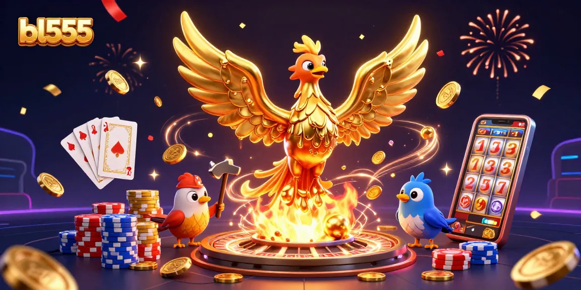 Experience the excitement of bl555 with a vibrant illustration of gaming, golden coins, and a winning atmosphere.
