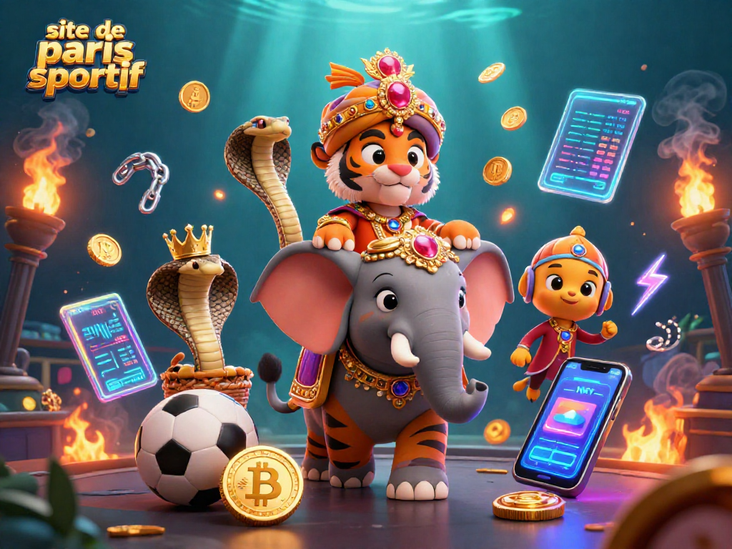 Gagnez gros sur le site de paris sportif avec un tigre maharaja et un éléphant, entouré d'éléments de paris.