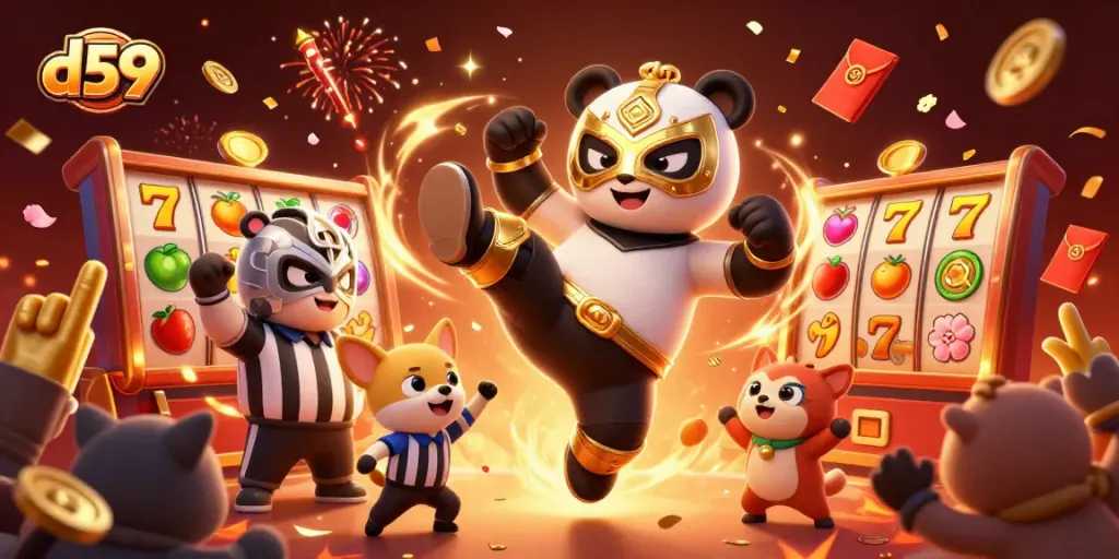 Dalam d59, panda profesional beraksi di arena slot dengan efek kembang api dan penonton heboh.