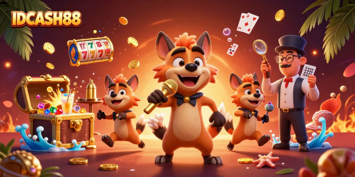 Experience thrilling gaming fun at IDCASH88 with lively hyena characters in a vibrant comedy casino setting.