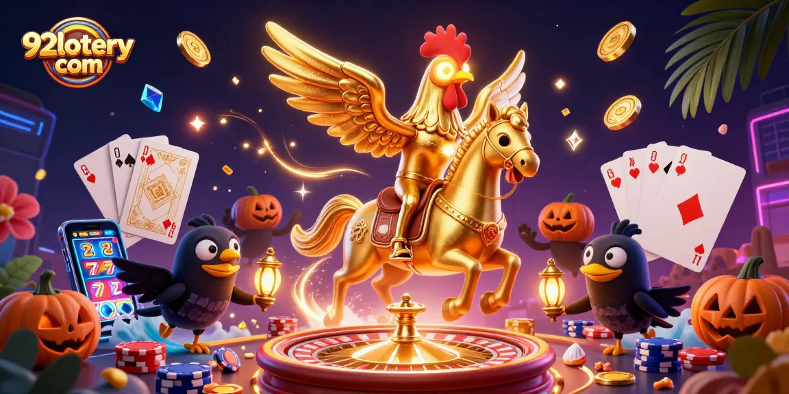 Experience the thrilling night at 92lottery com with our golden rooster mascot amidst cascading coins in a vibrant casino.