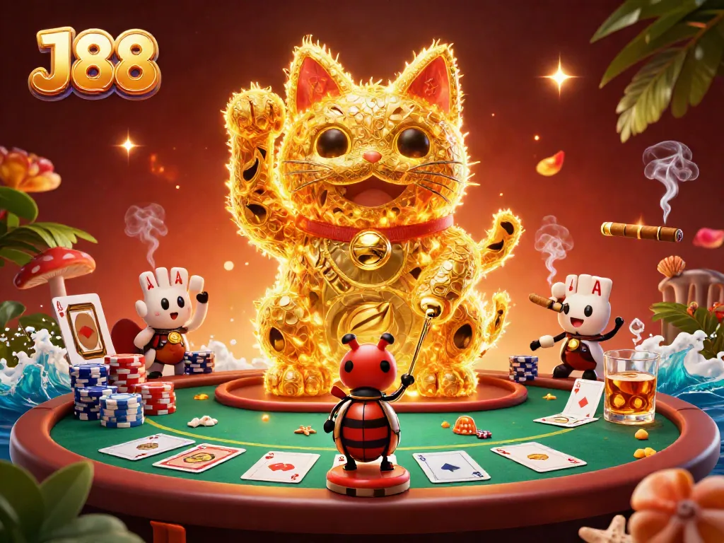 Engage in the fun of J88 with a lucky cat made of fireflies amidst poker elements.