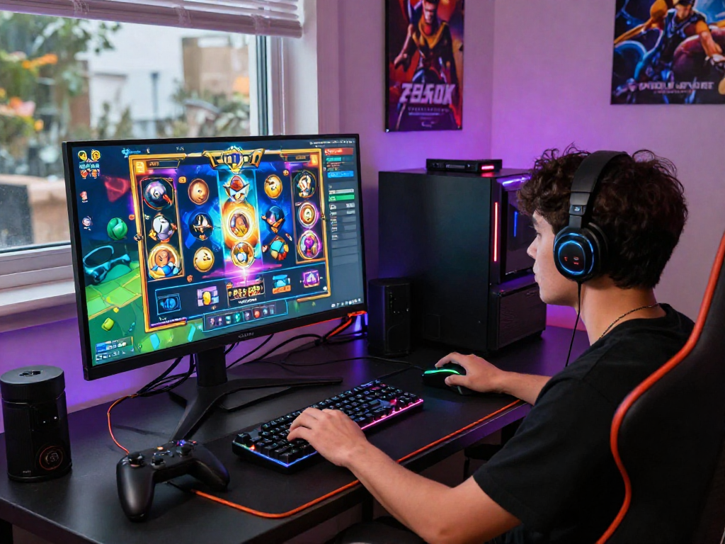Penggemar situs slot bermain di ruang gaming yang modern dengan monitor dan aksesori canggih.