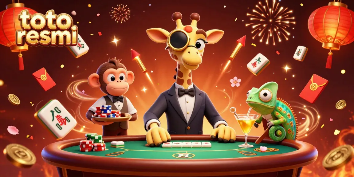 Gambaran toto resmi dengan jerapah dan valet di meja poker mewah, menampilkan kemewahan permainan kasino.