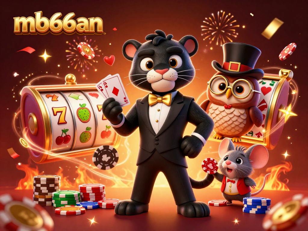 Engage with mb66an's stylish casino scene featuring a panther, owl, and lucky mouse amidst vibrant gaming elements.
