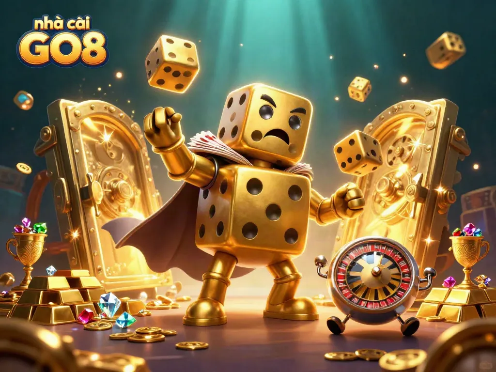 nhà cái GO8 captures the excitement of winning in a vibrant 3D casino illustration showcasing dynamic gaming elements.