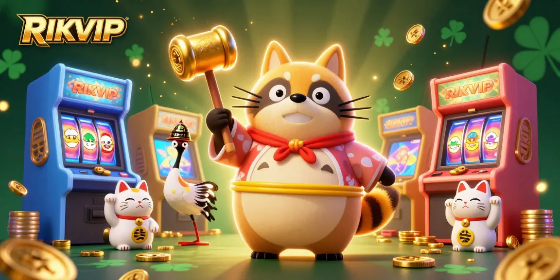 Engage with RIKVIP's vibrant gaming scene showcasing a cheerful tanuki, crane, and colorful fortune cats.