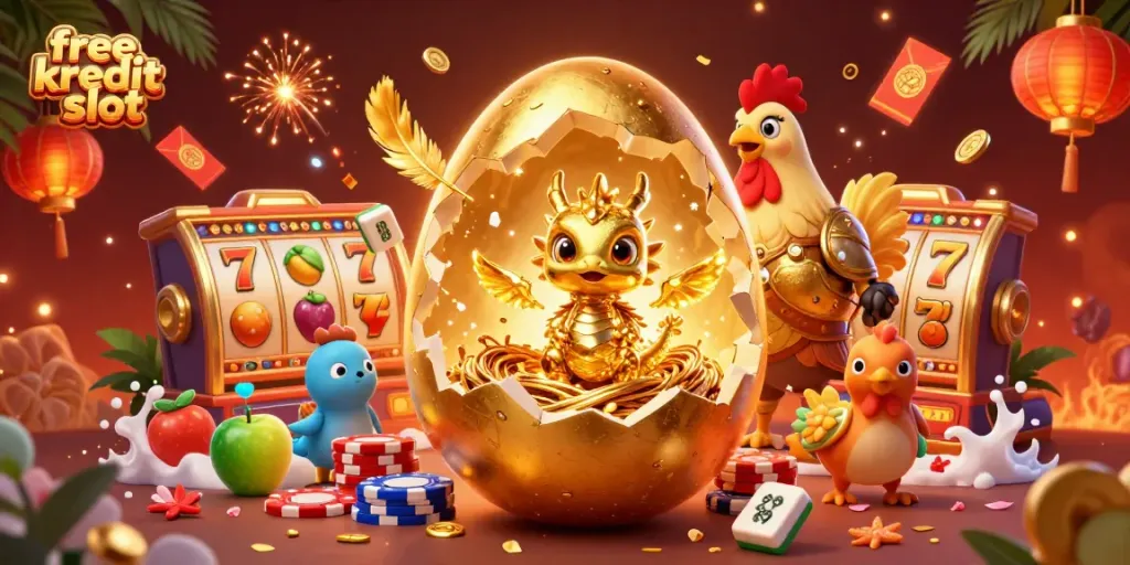 Experience the thrill of free kredit slot games with a vibrant illustration featuring gold treasures and festive elements.