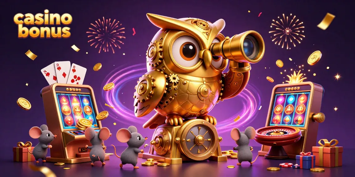 Experience the thrill of casino bonuses with a colorful scene of a clockwork owl and charming mice amidst dynamic gambling elements.