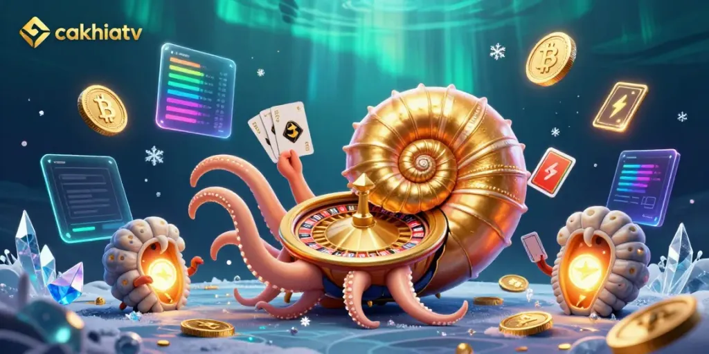 Experience the thrill of cakhiatv with a vibrant casino-themed illustration featuring a giant nautilus and crypto elements.
