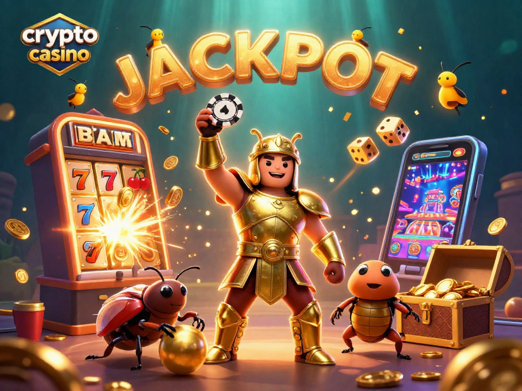 Le crypto casino s'anime avec un scarabée en armure d'or levé en victoire, entouré de machines à sous et de cagnottes.
