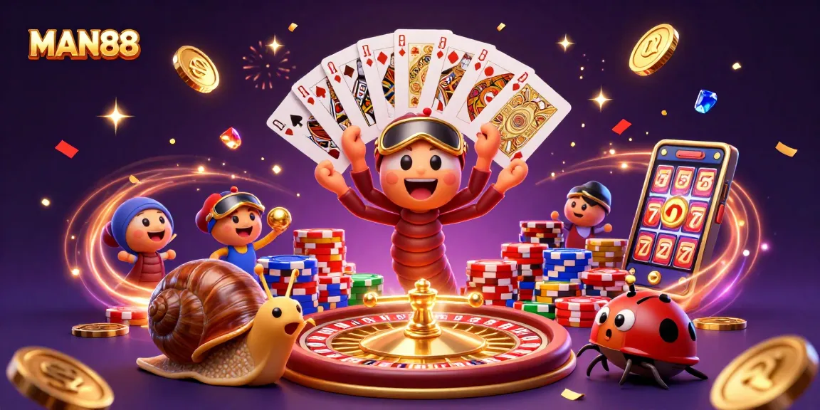 MAN88 offers thrilling gaming action with a vibrant illustration featuring a dealer and high-rollers in a dazzling casino