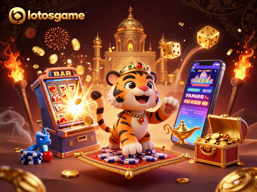 Lotosgame brings the excitement of casinos to life with a lively 3D scene showcasing jackpot adventures and stunning golden elements.