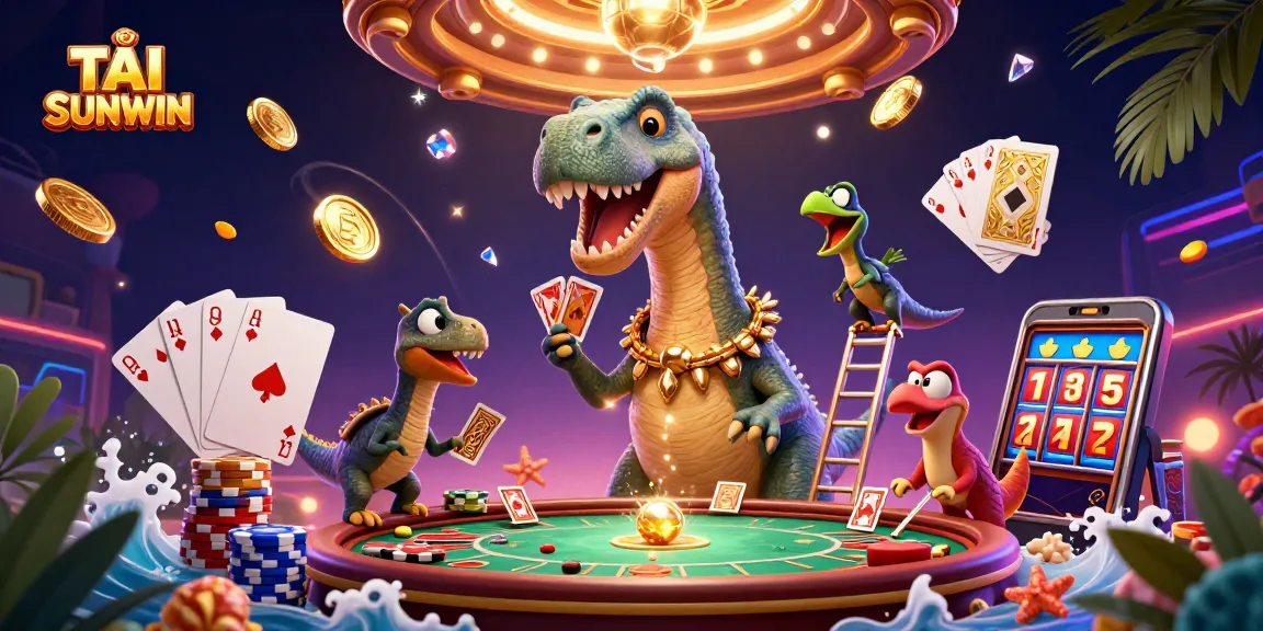 TẢI SUNWIN and explore a vibrant 3D casino scene with dynamic characters, cards, and game elements.