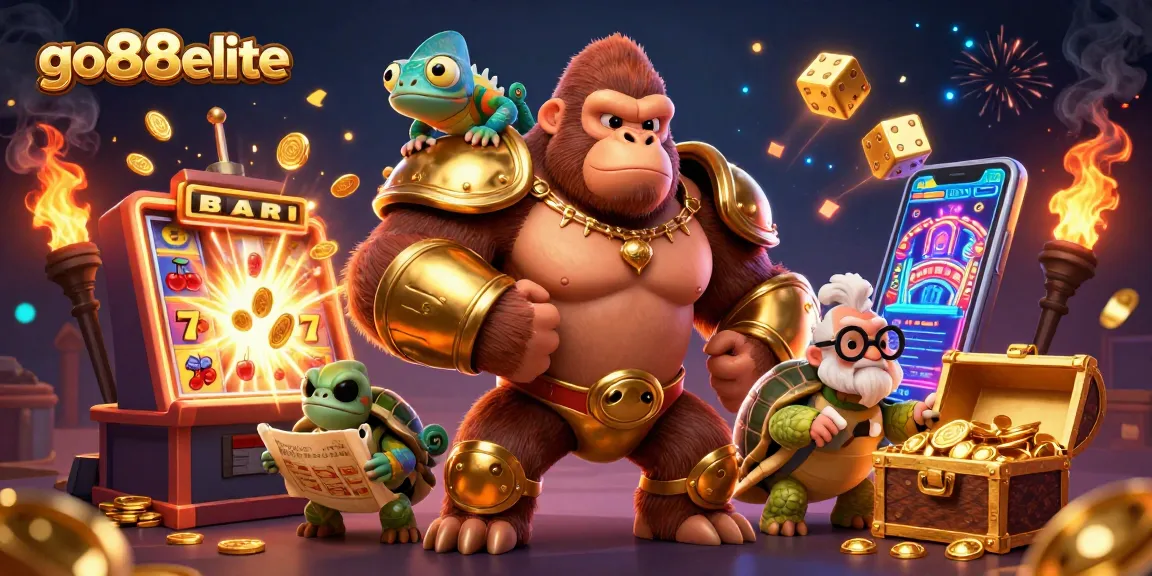 Experience the excitement of go88elite with a vibrant 3D illustration of dynamic casino elements and characters.
