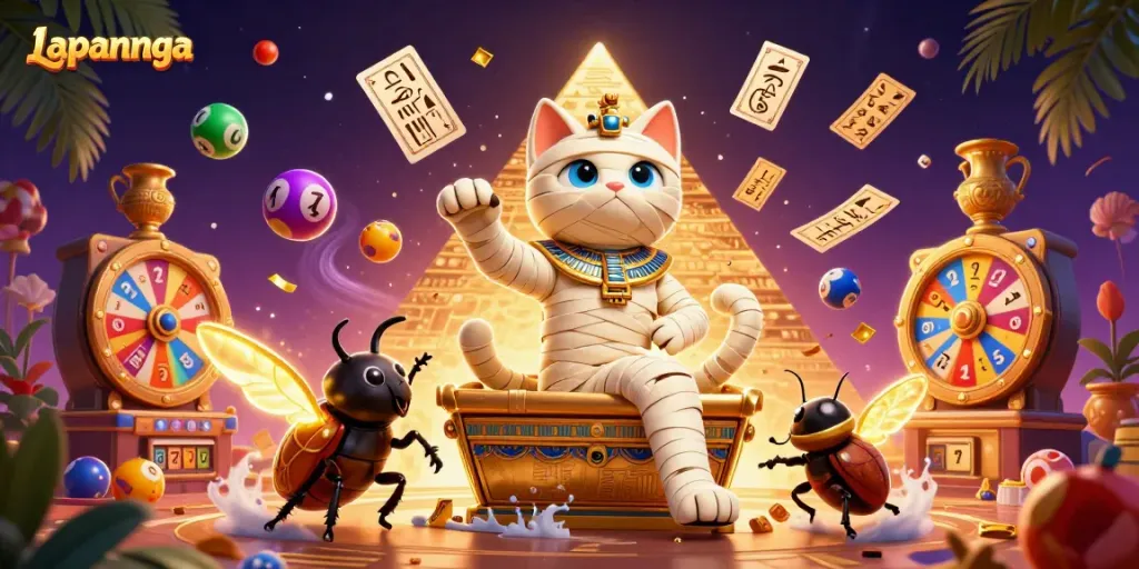 Engage with Lapannaga's vibrant casino scene featuring a mummy cat and golden elements.
