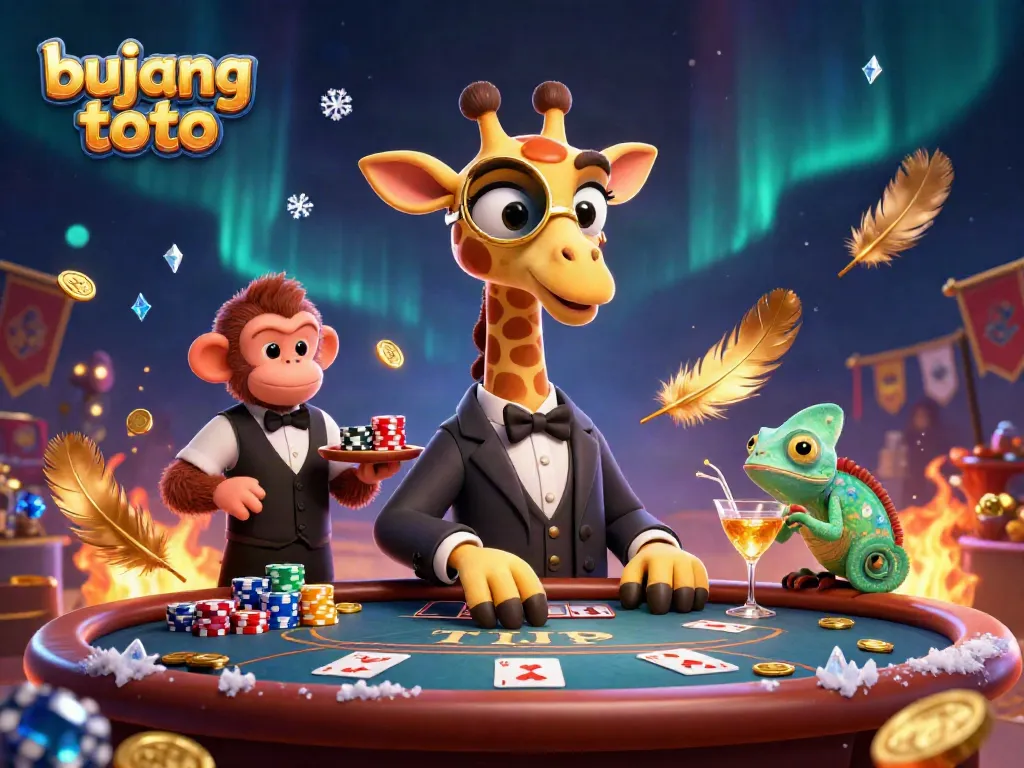 Engage in thrilling play at bujang toto's poker tables with a high-roller giraffe and vibrant casino elements.
