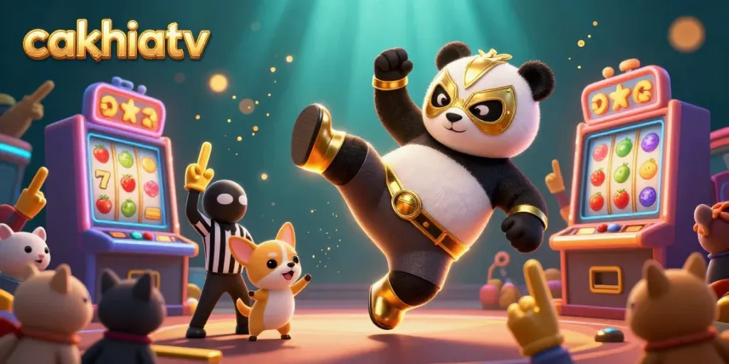 Cakhiatv brings excitement to the world with a casino-themed illustration showcasing a wrestler panda and vibrant slot machines.