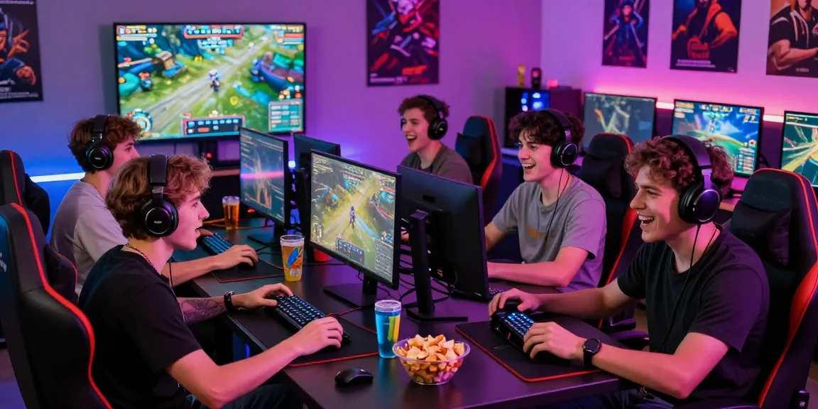 Friends gaming together on mantra88 platform, vibrant atmosphere with snacks and LED lights.