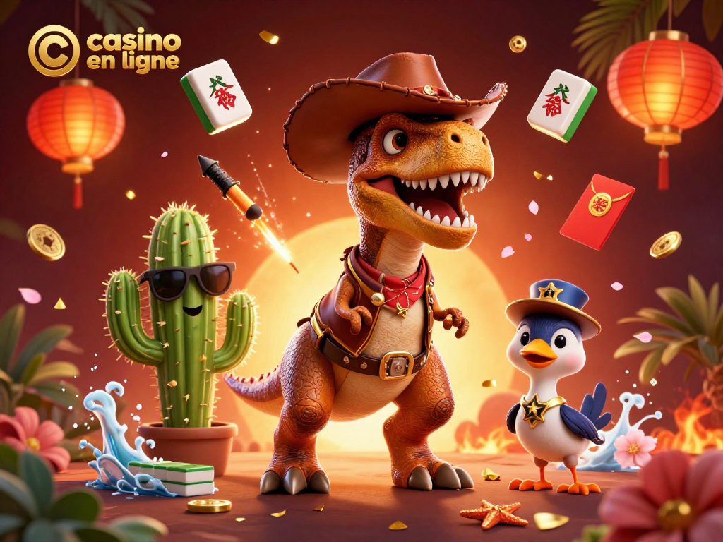 Multipliez vos gains sur casino en ligne avec ce T-Rex ludique, entouré de jeux.