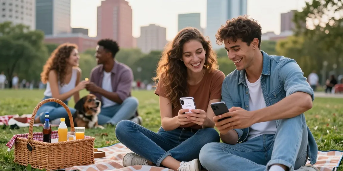 Young singles enjoying meaningful connections using HundRoses dating app in urban park.
