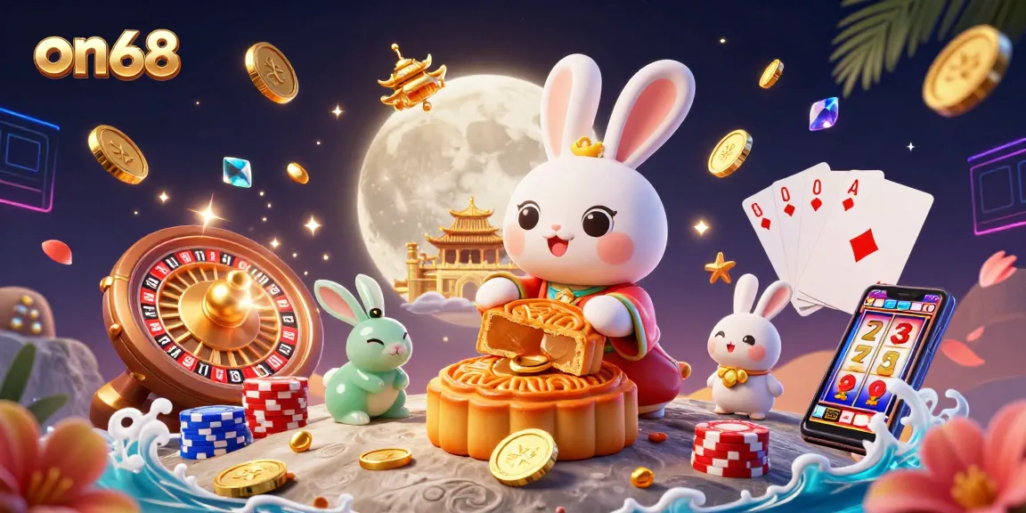on68 showcases a vibrant casino scene with a moon rabbit, poker chips, and dynamic game elements.