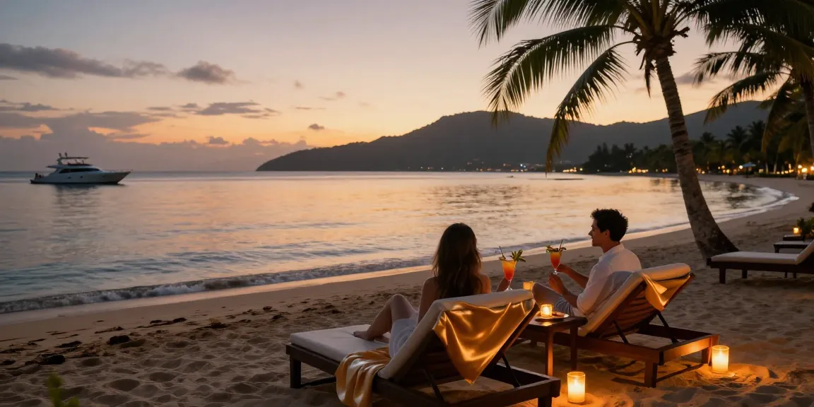Pasangan menikmati malam romantis di pantai mewah sambil mendaftar LUXURY777.