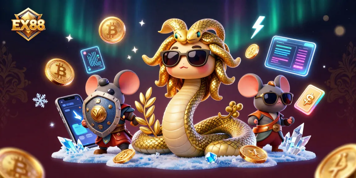Engage in thrilling gaming at EX88 with vibrant 3D illustrations showcasing friendly characters amidst dynamic casino elements.