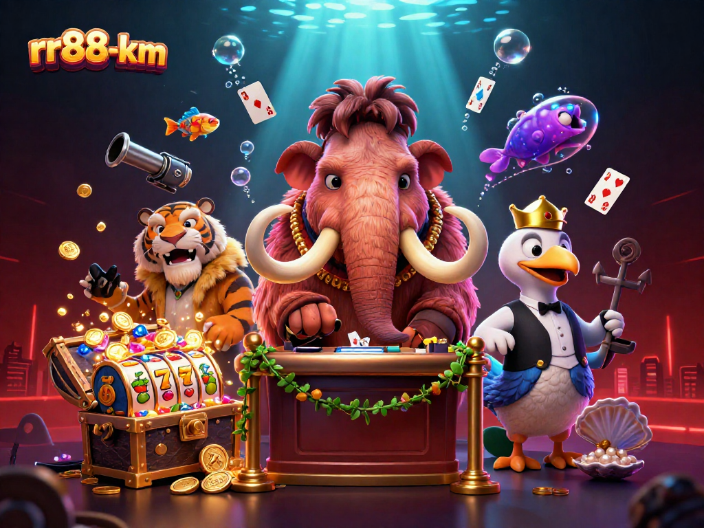 Imagine thrilling moments at rr88-km, with a 3D cartoon casino scene featuring vibrant slot reels and playful characters.