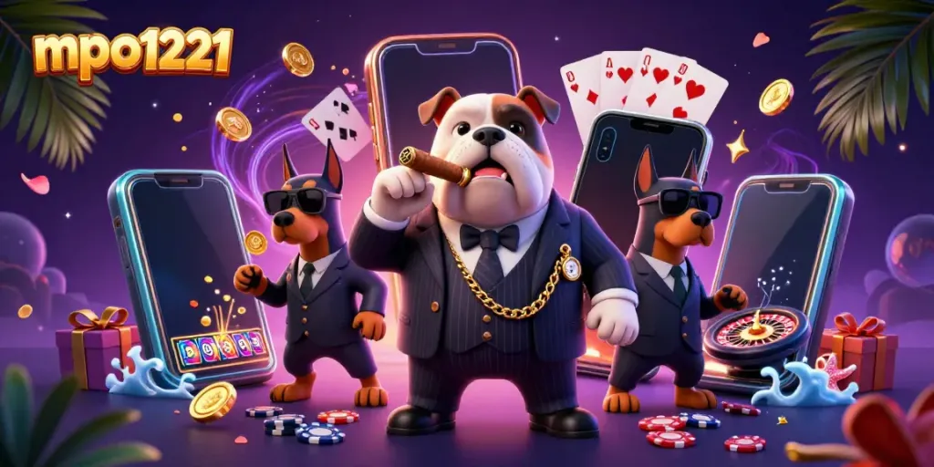 Experience mpo1221's thrilling slot adventure with a mafia boss and guard dogs in a vibrant 3D scene.