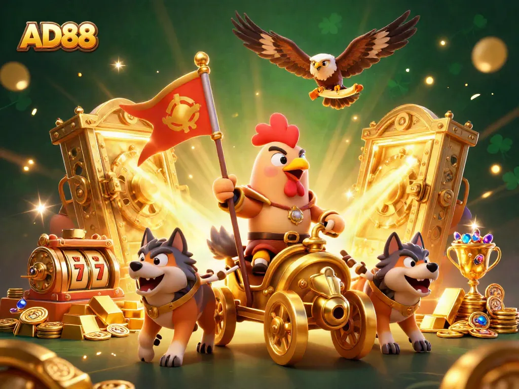 Experience the thrill of gambling with AD88's vibrant 3D casino illustration, featuring dynamic characters and rich treasures.