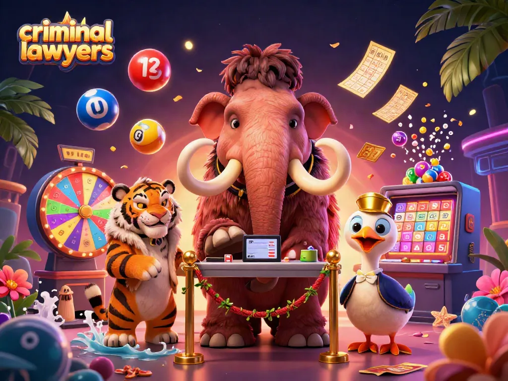 Engaging scene showcasing criminal lawyers in a vibrant casino setting, with a woolly mammoth bouncer, saber-tooth tiger guest, and dodo bird doorman.
