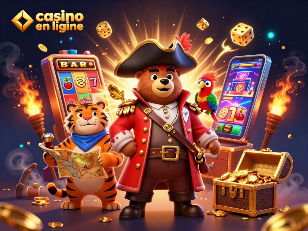 Gagnez au casino en ligne avec cette illustration dynamique, présentant un ours pirate, un tigre et un perroquet entourés de machines à sous.
