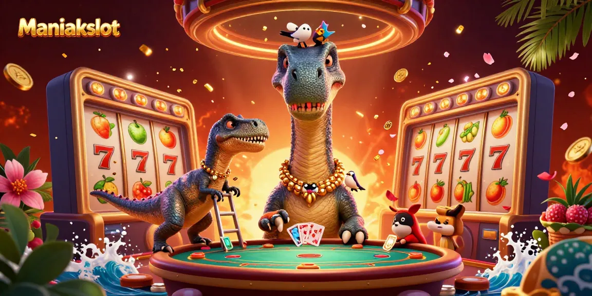 Experience the thrilling world of Maniakslot with a vibrant 3D illustration featuring casino elements and playful characters.