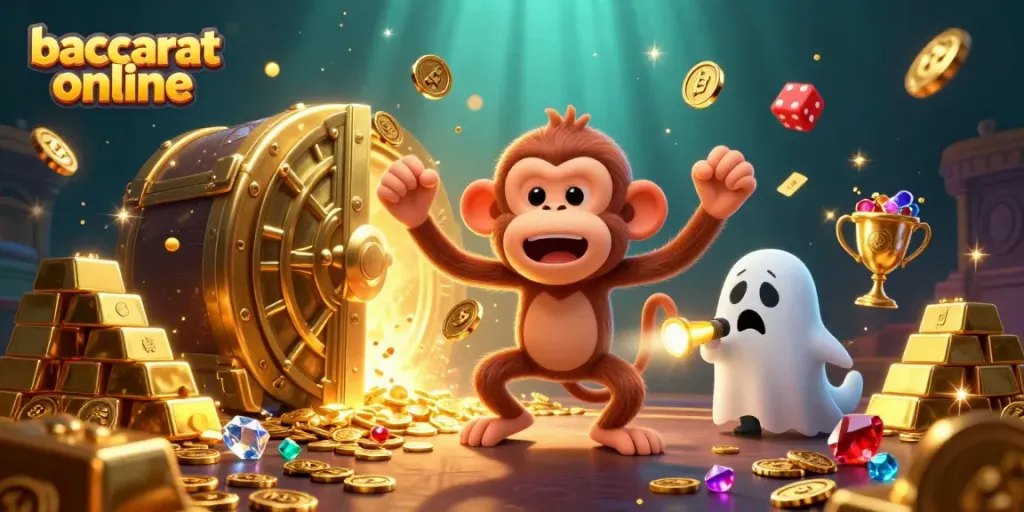 Enjoy the thrill of baccarat online with this colorful 3D casino illustration featuring a playful monkey and a curious puppy.
