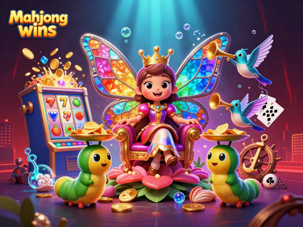 Experience thrilling mahjong wins with a vibrant casino illustration of a butterfly queen amidst slot elements.