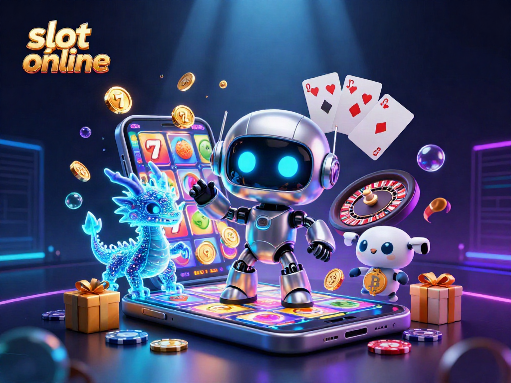 Engage in exciting slot online gameplay with 3D robot and dragon amid vibrant casino elements.