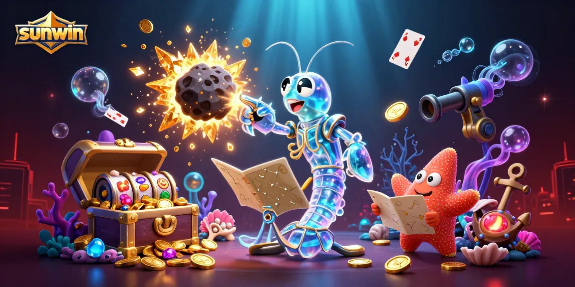 Win big with sunwin in a vibrant casino scene featuring mystical underwater treasure and slot reels.